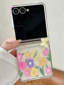 3D Butterfly Colorful Floral Print Graffiti Pattern Phone Case, Compatible With Samsung Galaxy ZFlip 8 Z Z Flip 6 Z Flip 5 Z Flip 4 3 5G, Hinge Protection Case, With Bowknot Random Beaded Bracelet - Flowers - View 4