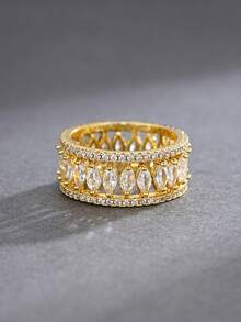 1pc Fashionable European And American Style Double Layer Hollow Eye-Shaped Zirconia Wide Band Ring, Women's Wedding, Evening Party, Gathering, Daily Commute Accessory - Multicolor - View 17