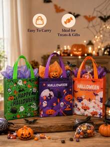 1/3/6pcs Halloween Laminated Non-Woven Fabric Tote Bags, Ghost Pumpkin Bat Pattern Gift Bags, Halloween Trick Or Treat Party Gift Storage Bags, Holiday Decoration Accessories, 3 Mixed Color Cartoon Styles, Durable Handle Candy Packaging Bags - Multi-color - View 3