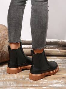 Women's Fashion Versatile Cylinder Boots, Slip-On Elastic Chelsea Ankle Boots, Lightweight Flat Ankle Boots - Black - View 3