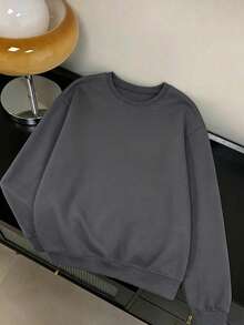 Autumn/Winter Women's Student Minimalist Solid Black/Grey Simple Versatile Long Sleeve Sweatshirt, Japanese Street Style Loose Slimming Casual Home Wear Korean Slouchy, Daily Commute Back To School Season Hot Girl Photo-Worthy Unisex Crew Neck Pullover Sweatshirt - Dark Grey - View 4