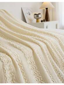 1pc Pure White Chunky Knit Throw Blanket With Tassels, Comfortable Thick Textured Knit Blanket, Soft Tassel Decor Blanket, Suitable For Sofa, Bed, Wedding And Home Decor - White - View 7