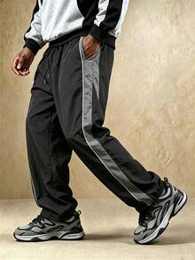 Men's Crinkle Texture Nylon Drawstring Waist Loose Fit Jogger Pants With Side Color Blocking And Topstitching Details, Casual Street Style For Daily Wear, Suitable For Spring/Summer - Light Grey - View 6