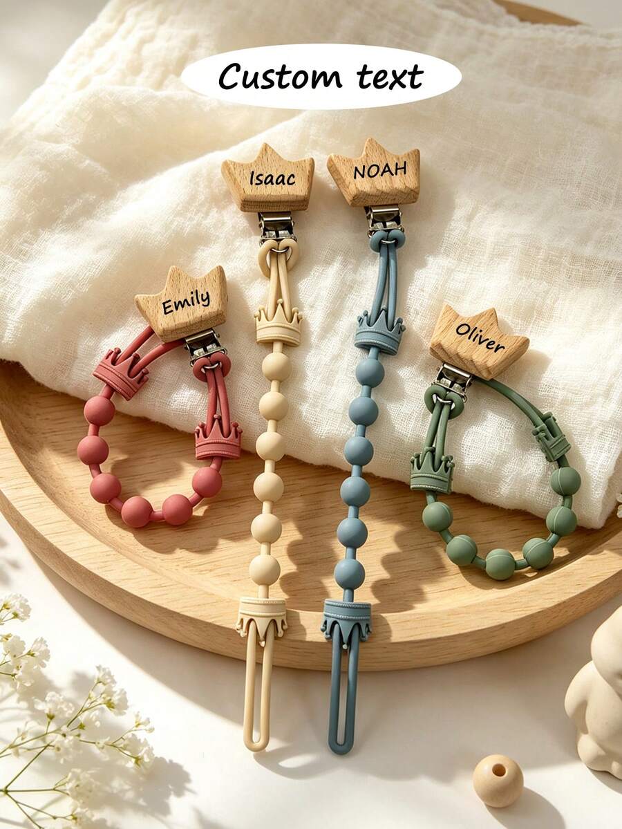 Cadena para chupete, cuerda anti-caída para juguete, nombre personalizado, diseño de estilo corona con cuentas, material de silicona, duradero, regalo para bebé - Multicolor - Ver 1