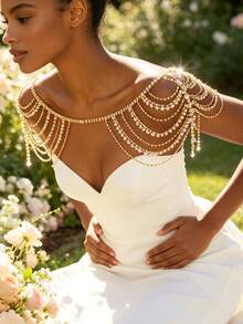 Bohemian Fashion Multi-Layer Rhinestone Shoulder Chain, Bridal Wedding Women's Wedding Dress Shiny Accessory - Gold - View 1
