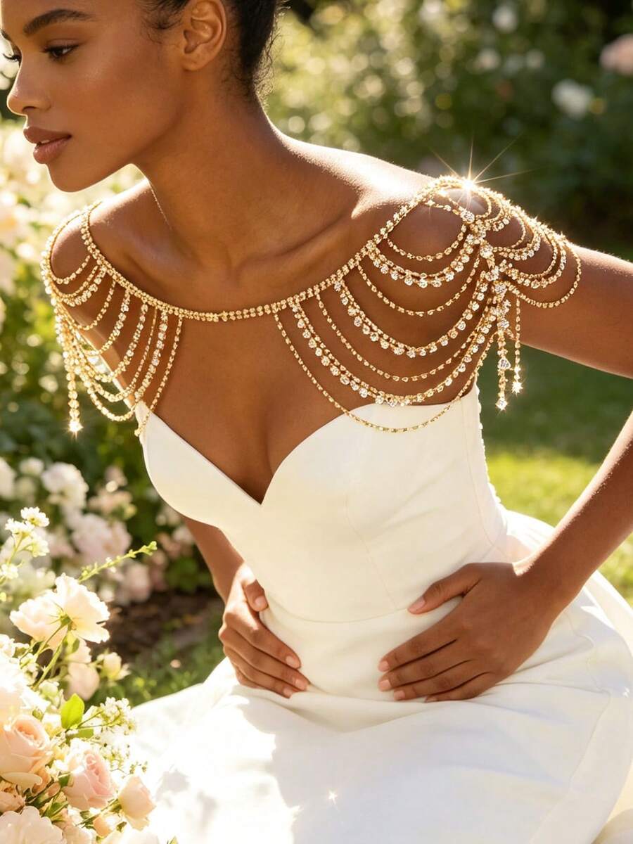 Bohemian Fashion Multi-Layer Rhinestone Shoulder Chain, Bridal Wedding Women's Wedding Dress Shiny Accessory - Gold - View 1