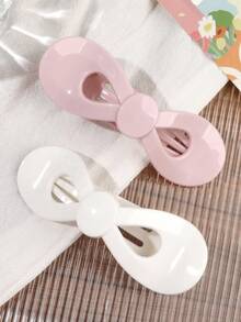 2pcs/Set Spring/Summer PC Material Sweet Pink & White Girl Glossy Bow Alligator Hair Clips, Simple Elegant Versatile Half-Up Bun Low Ponytail Flyaway Fixing Non-Slip Toothed Hair Clips - Multicolor - View 2