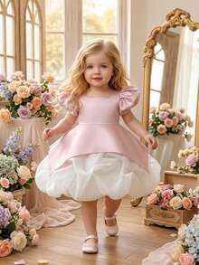 Baby Girls Square Neck Pleated Organza Satin Cute Flower Girl Bud Princess Dress Suitable For Birthday Party, Headband Not Included - Dusty Pink - View 1