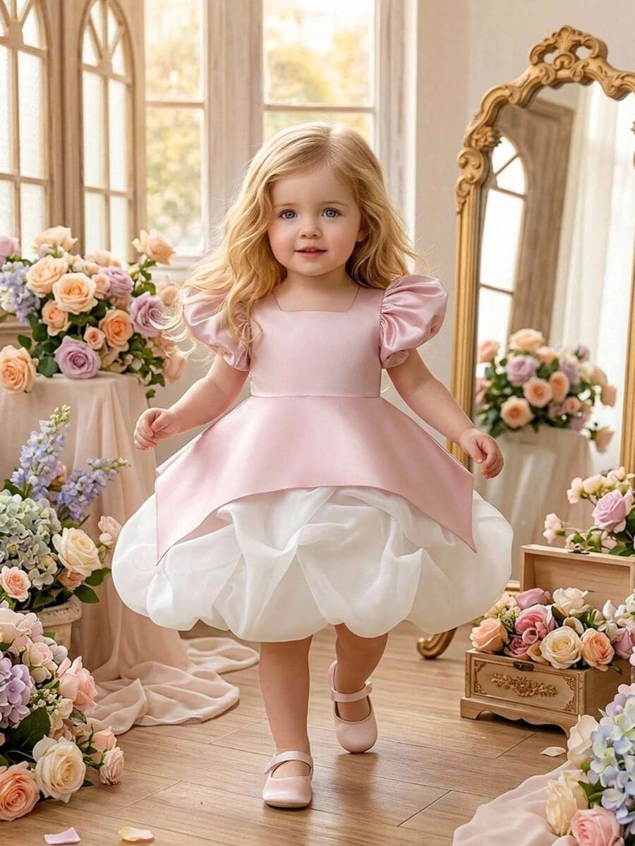 Baby Girls Square Neck Pleated Organza Satin Cute Flower Girl Bud Princess Dress Suitable For Birthday Party, Headband Not Included - Dusty Pink - View 1