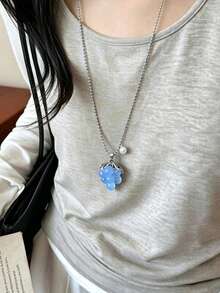Niche Clear Blue Cat Eye Grape Bead Long Titanium Steel Necklace For Women, Minimalist High-End Non-Fading Sweater Chain - Baby Blue - View 5