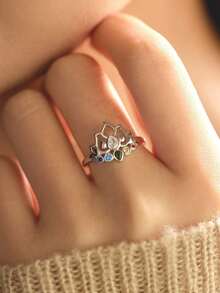 GAGAFEEL 1pc S925 Sterling Silver Elegant Fashion Vintage Colorful Zirconia Lotus Flower Finger Ring For Women, Suitable For Daily Wear, Party Jewelry Gift For Female Friends - Silver - View 5