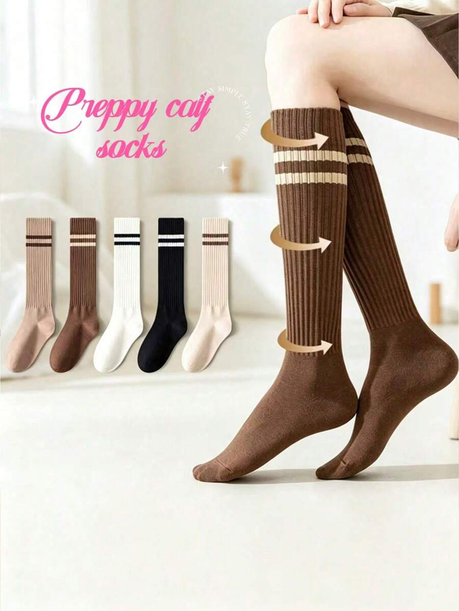5 Pairs Maillard Striped Slouchy Calf Socks For Women, Spring/Autumn ...