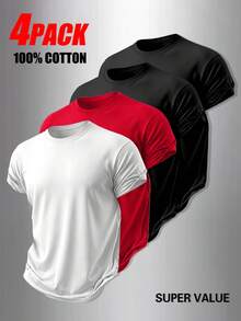 4-Pack Men's T-Shirts In Pure Cotton With Crew Neck And Print, Casual And Versatile, Ideal For Spring And Summer - 黑白紅 - 查看 1
