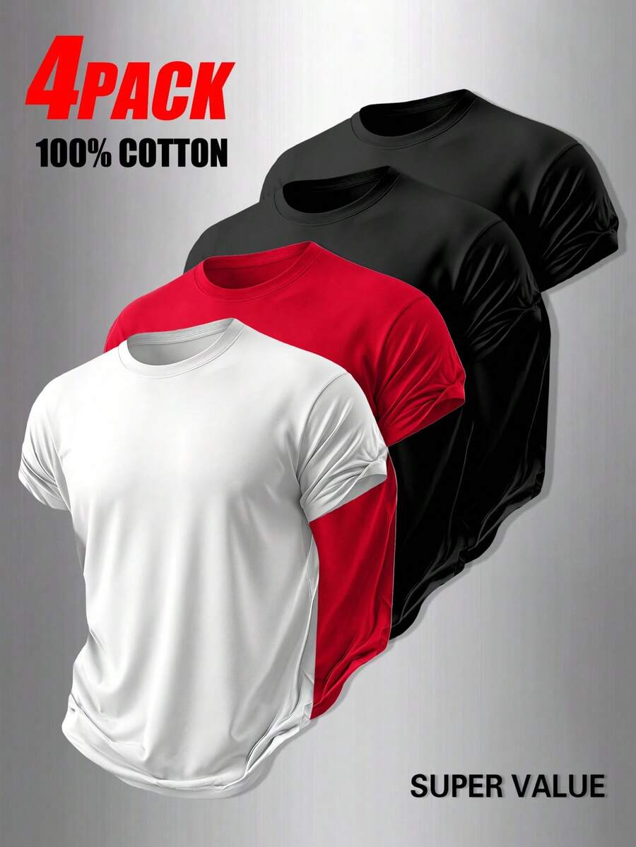 4-Pack Men's T-Shirts In Pure Cotton With Crew Neck And Print, Casual And Versatile, Ideal For Spring And Summer - 黑白紅 - 查看 1