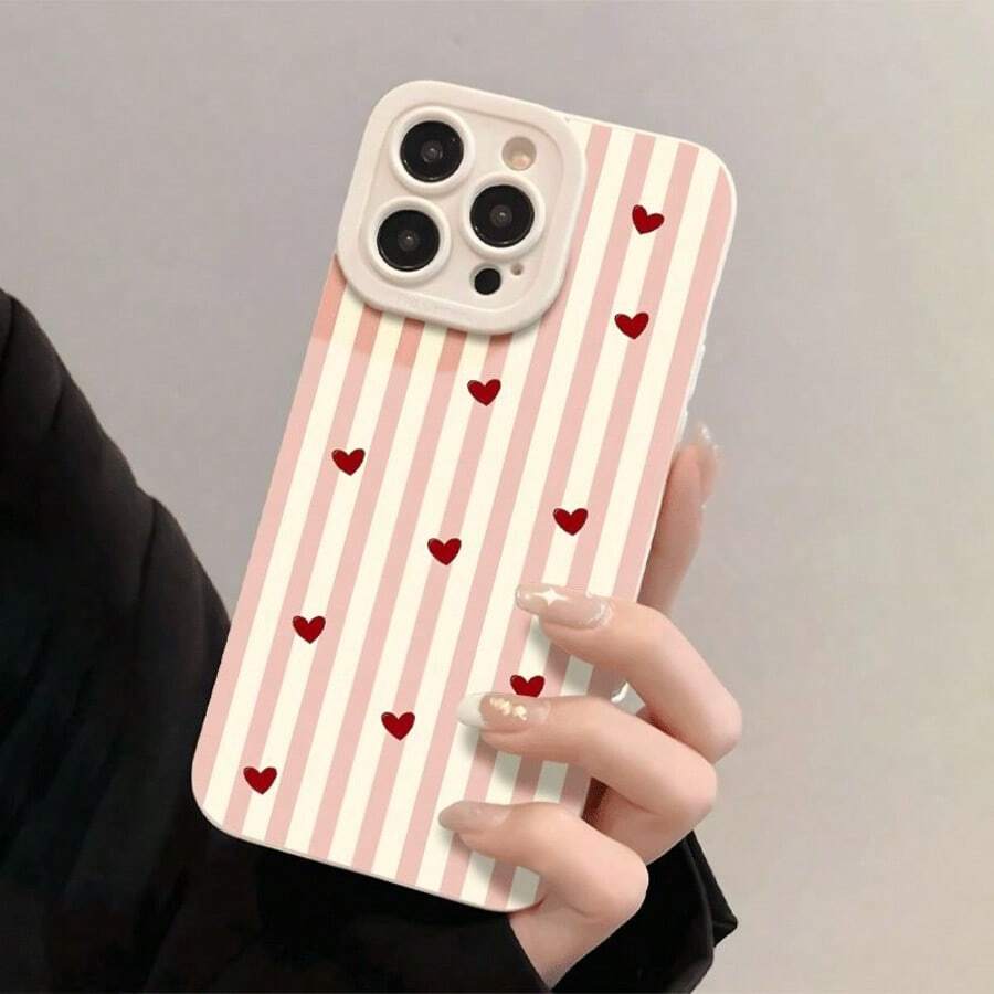 1件粉色與白色條紋愛心圖案全包覆TPU防震手機殼,適用於Apple 17 16 15 14 13 12 11 Pro Max - 彩色 - 查看 1