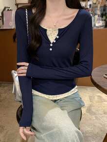 Women's New Long Sleeve T-Shirt, 2 In 1 Layering Top, Round Neck - Navy Blue - View 4