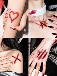 20pcs Halloween 3D Realistic Scar Temporary Tattoo Stickers, Horror Bloody Wound Zombie Tattoos, Suitable For Adult Body And Face, Costume Party Prank Makeup, Cosplay, Costume Party - Red - View 7