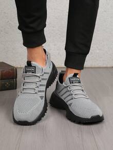 Men's Breathable Mesh Athletic Shoes, Lightweight Lace-Up Low-Top Sneakers, Round Toe, Lightweight Sole, Suitable For Casual Walking, Running And Jogging, Multi-Functional Training Shoes - Grey - View 5