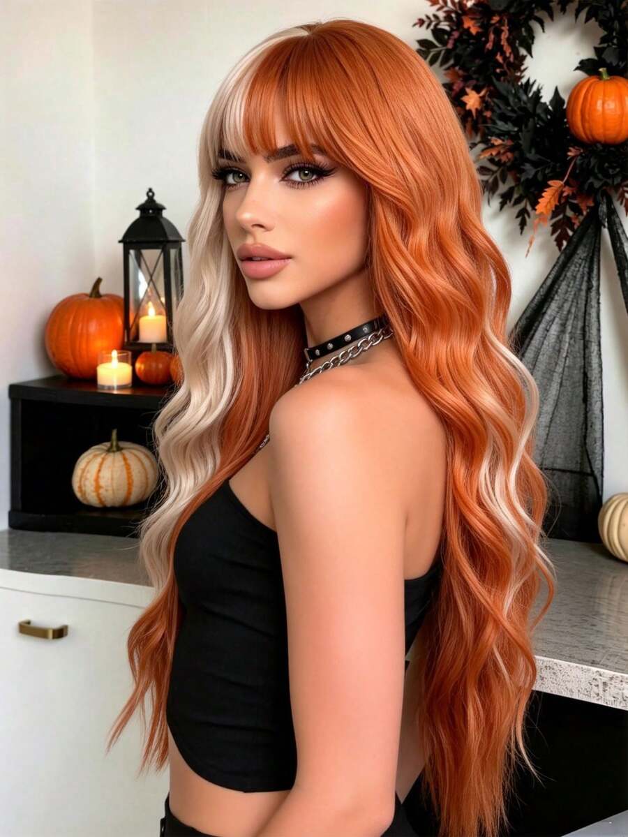 22-inch women's fashion short curly hair wig, with pink gradient color, breathable rose net cap, heat-resistant hair strands - wavy texture, suitable for women's daily wear and special occasions - Naranja Quemada - Ver 1