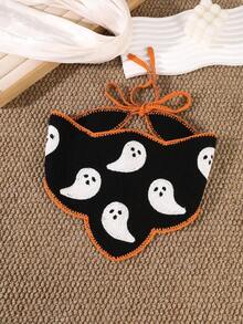 1pc Halloween Ghost & Bat Embroidered Knitted Triangular Headscarf With Orange Lace Tie, Women's Hair Accessory For Holiday Costume, Party, Cosplay, Themed Photoshoot, Daily Festive Outfit - Multicolor - View 6
