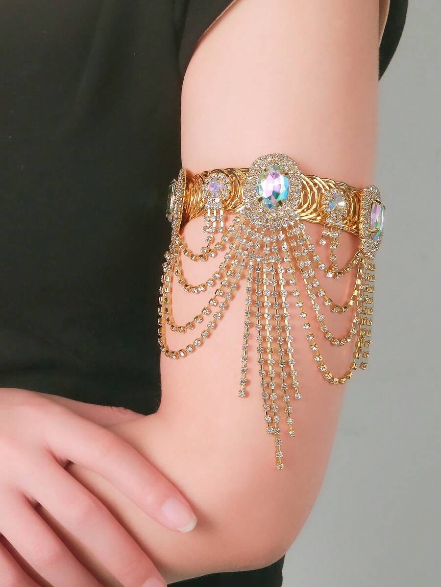 1pc Tassel Colorful Rhinestone Arm Bracelet For Women, Versatile Niche Design Colorful Rhinestone Bangle Arm Ring, Light Luxury High-End Accessory - Gold - View 1