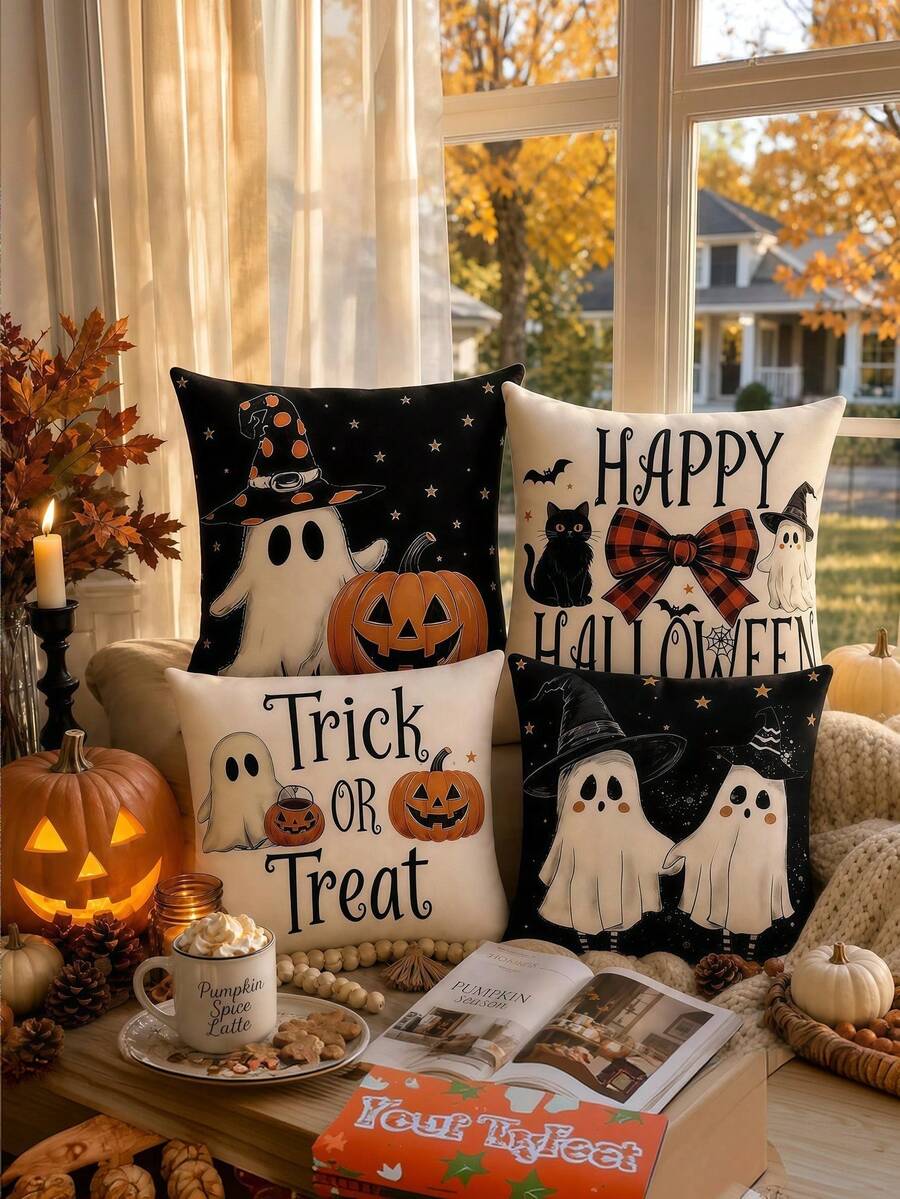 4pcs Halloween Pillow Covers, Ghost Pumpkin Black Cat Home Decor, Vintage Sofa Cushion Covers, Autumn Halloween Decoration - Black - View 1