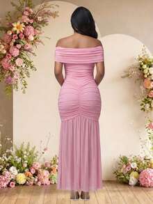 JustVH Elegant Maternity Open Shoulder Ruched Fitted Mermaid Skirt, Suitable For Baby Shower, Photoshoot, Evening Party, Autumn Wear Fall - Baby Pink - View 2