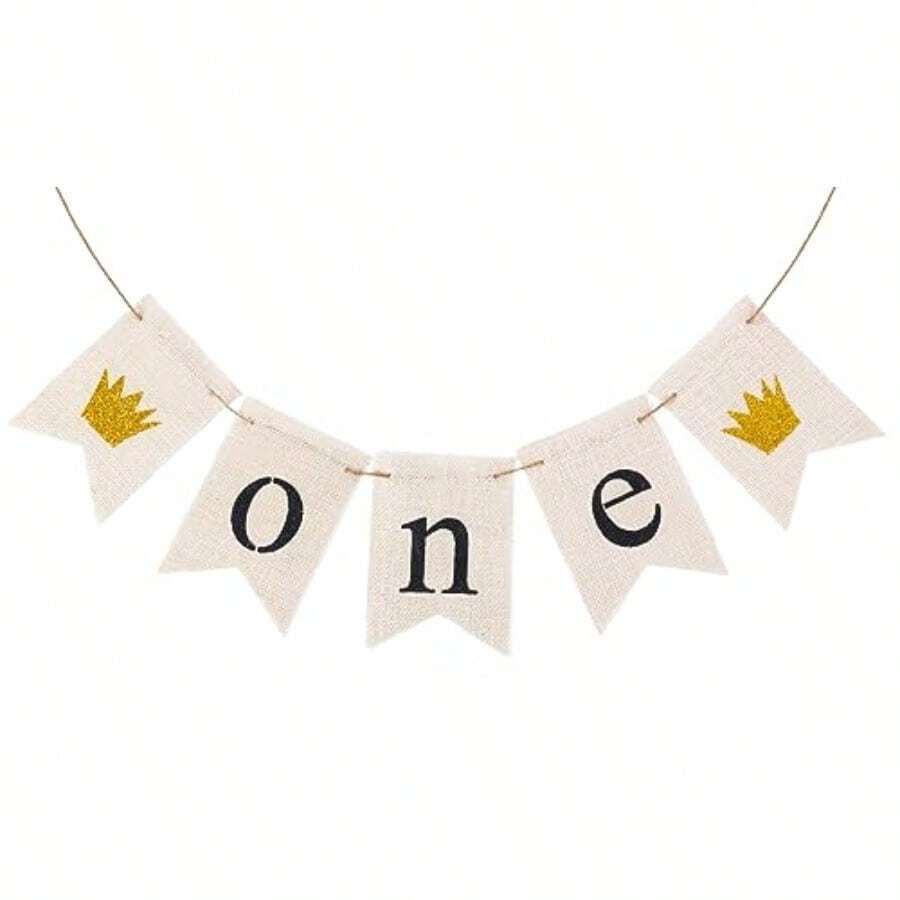 D1st Birthday Decorations Rustic Burlap Banner For Baby Boy Girl One Year Old Celebration Handmade, Pre-Strung, Crown - White - View 1