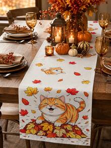 Camino de mesa con diseño de gato y hoja de arce para el Festival de Cosecha de Acción de Gracias, estilo pastoral de otoño, decoración del hogar y cocina de Acción de Gracias, camino de mesa, mantel individual, funda de almohada, decoración del hogar y suministros para fiestas del Festival de Cosecha de Acción de Gracias - Multicolor - Ver 1