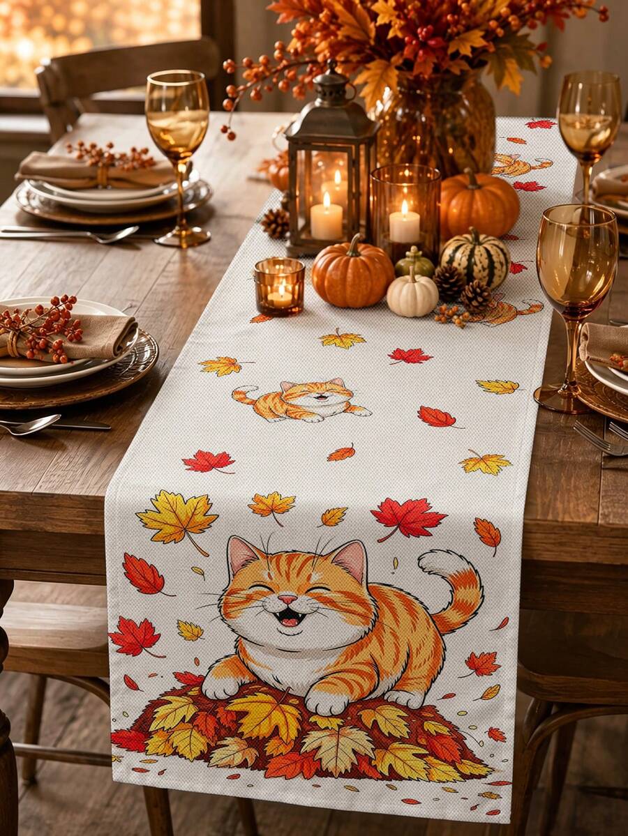 Camino de mesa con diseño de gato y hoja de arce para el Festival de Cosecha de Acción de Gracias, estilo pastoral de otoño, decoración del hogar y cocina de Acción de Gracias, camino de mesa, mantel individual, funda de almohada, decoración del hogar y suministros para fiestas del Festival de Cosecha de Acción de Gracias - Multicolor - Ver 1