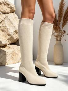 TULIPANO Elegant Women's Chunky Heel Knee-High Boots Chic Spandex Style Perfect For Vacations Dates And Leisure - Beige - View 7