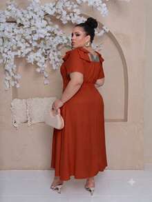 Women's Midi Plus Size Lined Dress With Square Neckline, Short Sleeves, Shoulder Bow, Padded Cups, And Elastic Back In Duna Linen - Elegant Party Dress - 亮橙色 - 查看 2