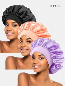 3 piezas Gorro de dormir de satén multicolor con ala ancha para mujer, adecuado para uso diario - Negro/Colmillo Sangriento/Violeta - Ver 38