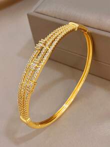 Set/1Pc Elegant Multi Parallel Row Inlaid Zirconia Bangle Bracelet Ring Gold Jewelry Set,For Women,Party,Daily,Christmas,Boho, Valentine Birthday Gifts - Multicolor - View 8