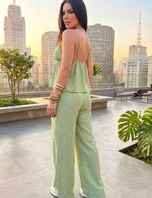 Adjustable Strap Tie-Top Set, High-Waisted Wide-Leg Pants, Elegant And Comfortable Emily Set, Elegant, Casual, Vacation, Office, All-Season - 嬰兒綠 - 查看 2