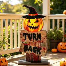 1pc Halloween Witch Pumpkin Wooden Tabletop Sign, Spooky "TURN BACK" Blood Pattern Freestanding Decor, Vintage Wooden Sign Ornament For Home Shelf Fireplace Halloween Party Indoor Decorations - Multicolor - View 4