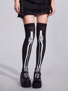 4pcs Halloween Horror Blood Splatter & Skeleton Thigh High Socks, Goth Cross Bow Over The Knee Stockings For Cosplay - Multicolor - View 2