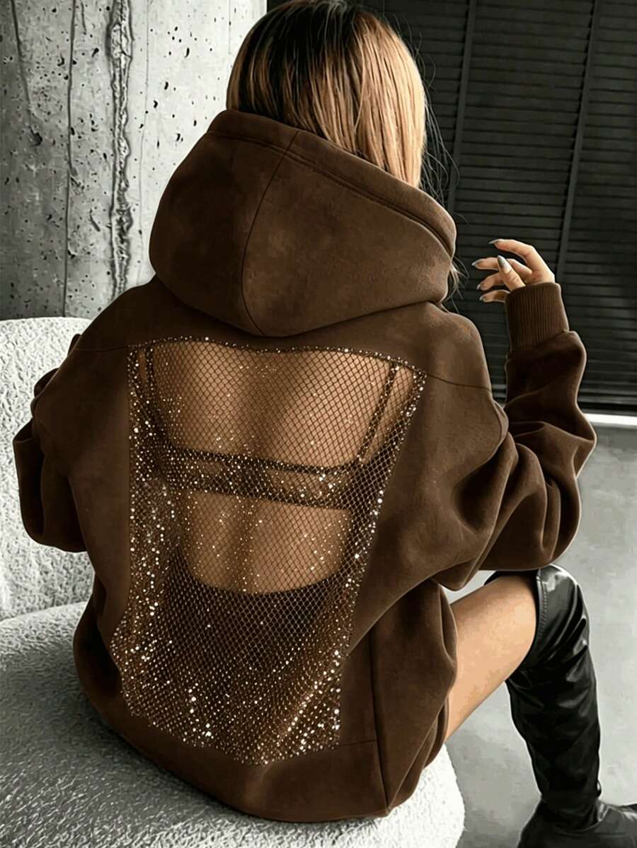 Women's Brown Long Sleeve Hooded Sweatshirt, Mesh Backless Fashion Hooded Sweatshirt, Suitable For Autumn/Winter Casual Fall
