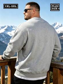 Plus Size Men's Autumn/Winter Minimalist Crew Neck Sweatshirt | All-Match Versatile Casual Top | Streetwear Layering Essential Sports - Light Grey - View 3
