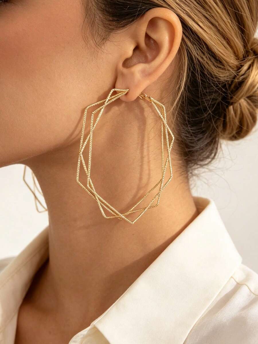 1 Pair Fashion Exaggerated Geometric Triple-Layer Line Polygon Hoop Earrings For Women, Suitable For Banquet And Daily Wear - Yellow Gold - View 1
