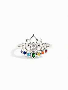 GAGAFEEL 1pc S925 Sterling Silver Elegant Fashion Vintage Colorful Zirconia Lotus Flower Finger Ring For Women, Suitable For Daily Wear, Party Jewelry Gift For Female Friends - Silver - View 6