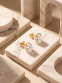 1 Pair 100% 925 Sterling Silver 14K Gold Plated 1CT/2CT Oval Cut Sparkling Cubic Zirconia Stud Earrings, Luxury Jewelry, Suitable For Women, Men, Banquet, Party, Wedding Gift - Oval Zirconia - View 3