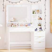 Devoko Modern Vanity Table With Mirror, LED Lighting With 3 Color Modes, 5 Drawers, Open Shelves, Jewelry Hooks And Integrated Power Outlet, Dressing Table For Bedroom, White - View 5
