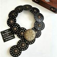 European & American Vintage Western Style Women's Exaggerated Round Hollow Metal Patchwork Wide Waist Belt, Bohemian PU Leather - Large Round Pancake - View 5