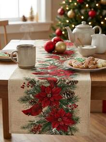 1pc Christmas Red Cardinal Poinsettia Print Table Runner, Pine Cone & Berry Table Runner, Suitable For Dining Table, Desktop, Fireplace Mantel, Living Room And Winter Holiday Decor - Multicolor - View 6