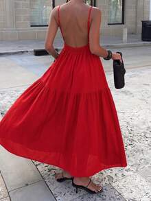 Women's Lightweight Breathable Spaghetti Strap Sleeveless Solid Color Bohemian Style Backless Ruffle Hem Dress, Perfect For Vacation, Casual Wear And Travel - Red - View 1