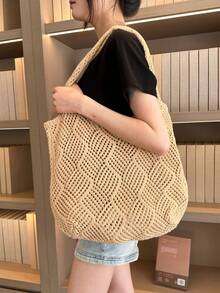 夏季大容量鏤空針織托特包，女款輕量透氣純色編織手提包，適合海灘旅行度假海灘包 - 卡其色 - 查看 7