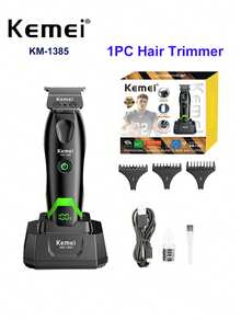 Kemei KM-1385 專業 T 型刀頭理髮器，男士可調式理髮剪，DC 馬達附底座 LED 顯示理髮剪，適用於理髮師、設計師或居家使用，男士禮物，鬍鬚修剪器 - 黑色 - 查看 2