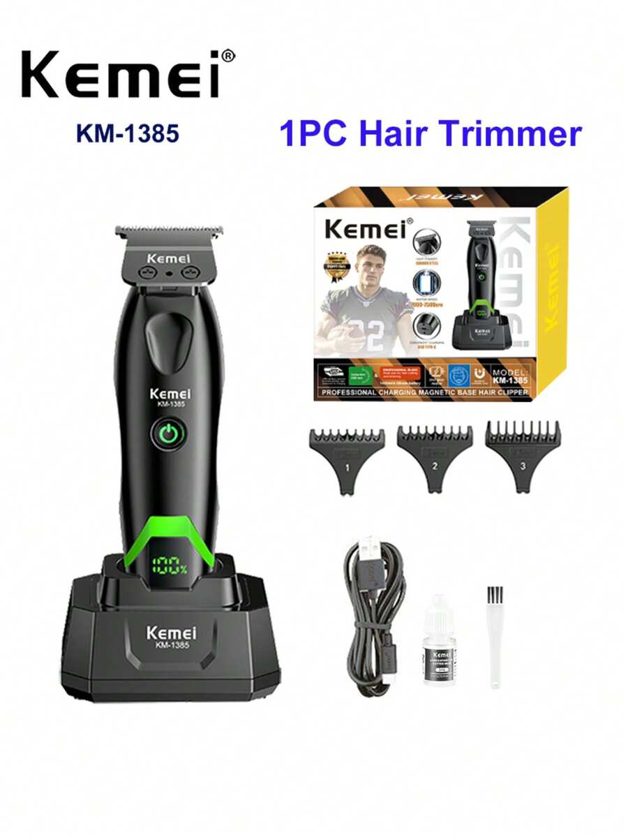 Kemei KM-1385 專業 T 型刀頭理髮器，男士可調式理髮剪，DC 馬達附底座 LED 顯示理髮剪，適用於理髮師、設計師或居家使用，男士禮物，鬍鬚修剪器