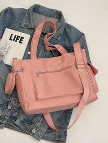 Bolso tote de tela negro liso para mujer, bolso de hombro con monedero redondo desmontable, múltiples bolsillos, bolso casual para compras diarias, escuela y desplazamientos - Multicolor - Ver 5
